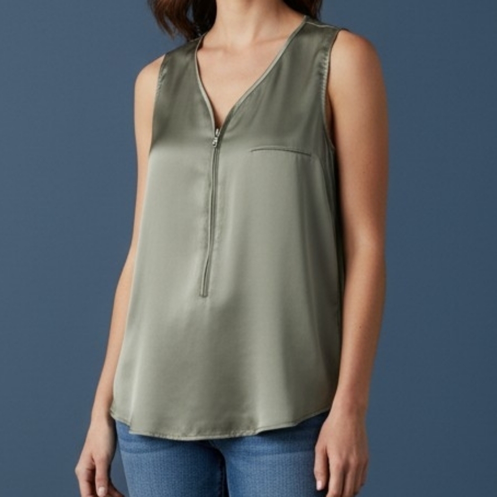 GO BY GO SILK Satin Zippy Hi-Low Silk Blend Sleeveless Tank Top